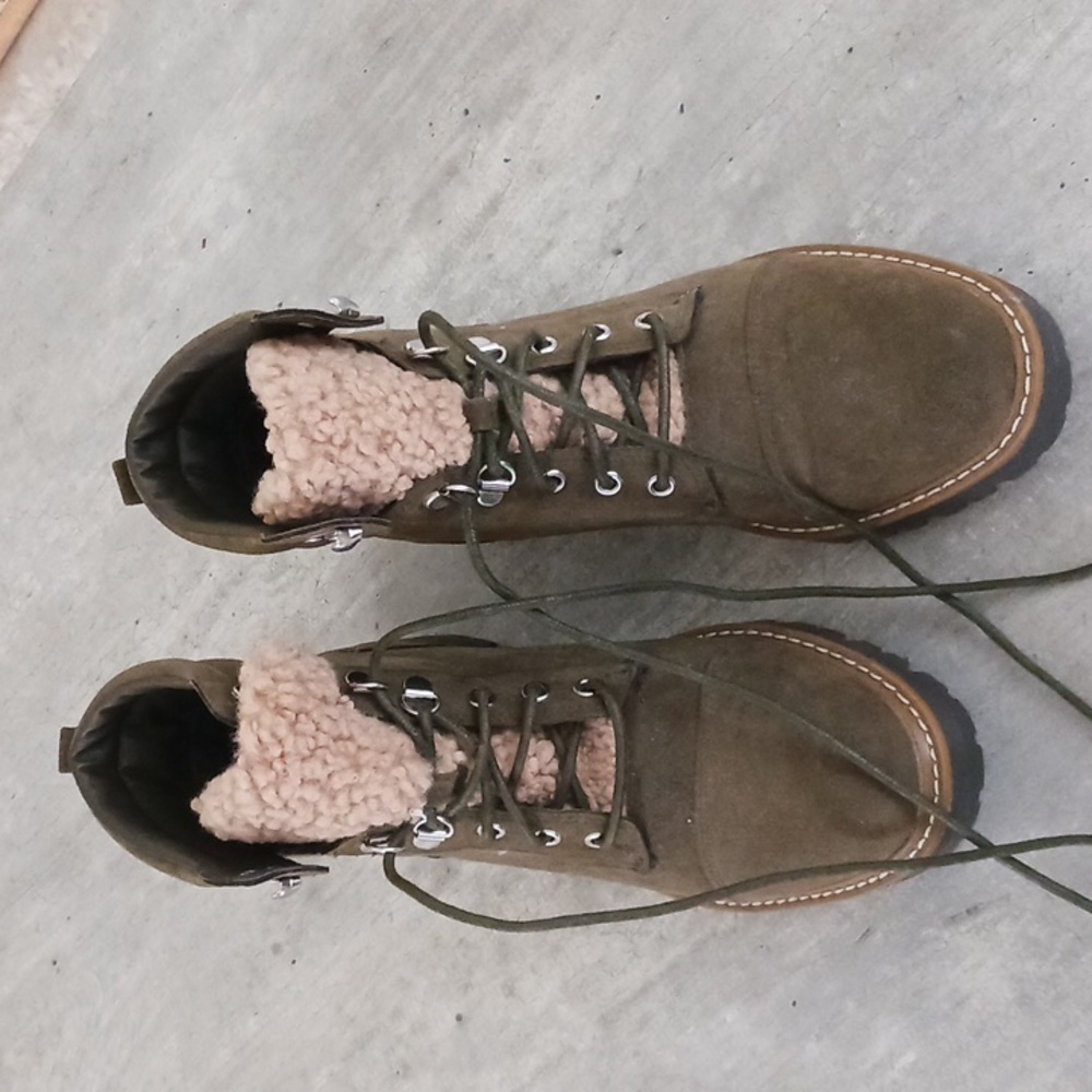 Olive green boots with faux fur accent
